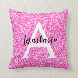 Glam Hot Pink Glitzer Glitzern Monogramm Name Kissen