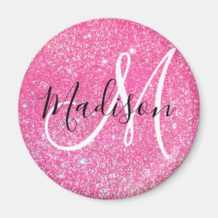 Glam Hot Pink Glitzer Glitzern Monogramm Name Magnet