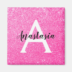 Glam Hot Pink Glitzer Glitzern Monogramm Name Magnet