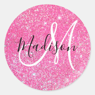 Glam Hot Pink Glitzer Glitzern Monogramm Name Runder Aufkleber