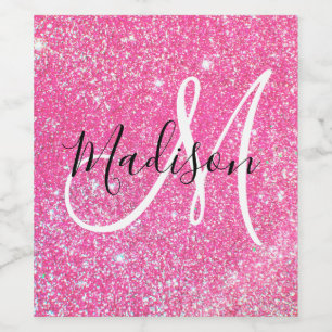 Glam Hot Pink Glitzer Glitzern Monogramm Name Weinetikett