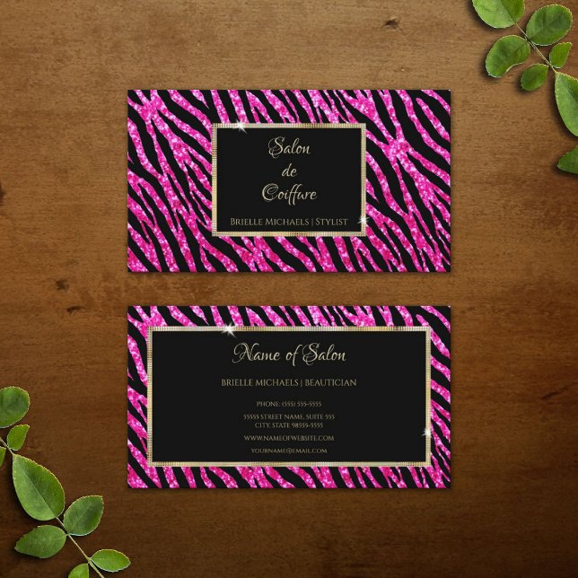Glam Hot Pink Glitzer Zebra Print und Goldrahmen Visitenkarte (Glam Hot Pink Glitter Zebra Print and Gold Frame Business Cards)