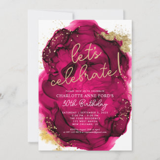 Glam Hot Pink Gold Glitzer Alkohol Tinte Geburtsta Einladung