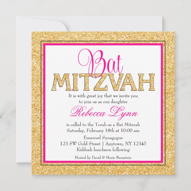 Glam Imitate Glitzer Gold Pink Bat Mitzvah Einladung (Vorderseite)