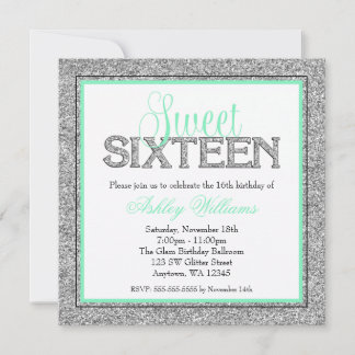 Glam Imitate Glitzer Silver Mint Seafoam Sweet 16 Einladung