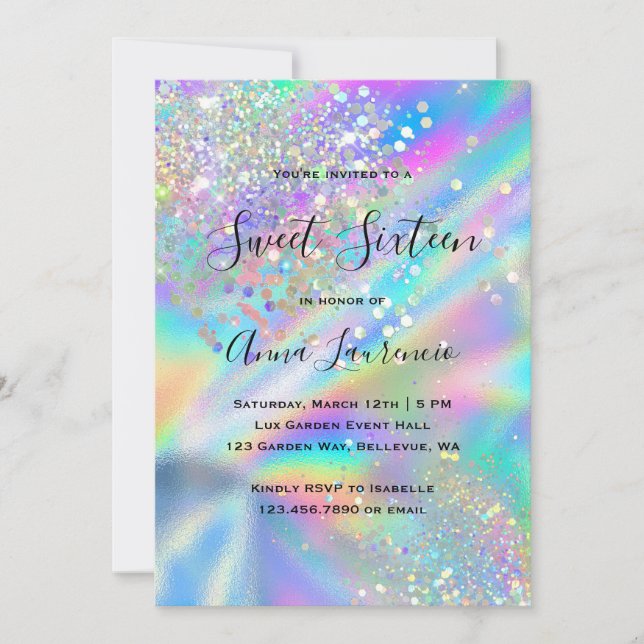 Glam Imitate Holographic Glitzer Sweet 16 Birthday Einladung (Vorderseite)
