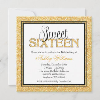 Glam Imitats Glitzer Gold Black Sweet 16 Einladung