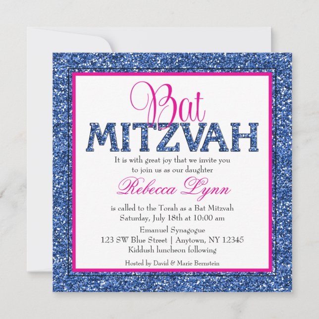 Glam Imitats Glitzer Navy Blue Pink Bat Mitzvah Einladung (Vorderseite)