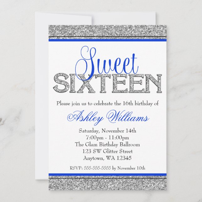 Glam Imitats Glitzer Silver Blue Sweet 16 Einladung (Vorderseite)