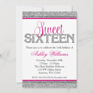 Glam Imitats Glitzer Silver Hot Pink Sweet 16 Einladung
