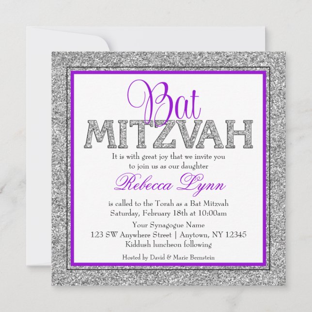 Glam Imitats Glitzer Silver Lila Bat Mitzvah Einladung (Vorderseite)