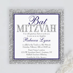 Glam Imitats Glitzer Silver Navy Blue Bat Mitzvah Einladung