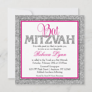 Glam Imitats Glitzer Silver Pink Bat Mitzvah Einladung
