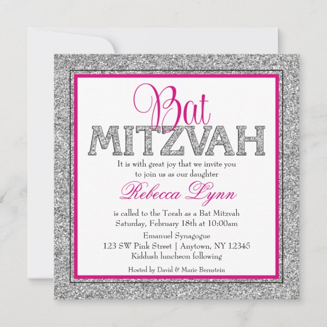 Glam Imitats Glitzer Silver Pink Bat Mitzvah Einladung (Vorderseite)