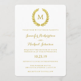 Glam Imitats Gold Foil Laurel Wreath Monogram Wedd Einladung