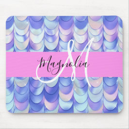 Glam Iridescent Blue Mermaid Scales Name Monogram Mousepad