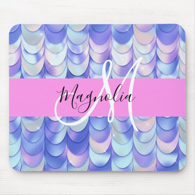 Glam Iridescent Blue Mermaid Scales Name Monogram Mousepad (Vorne)