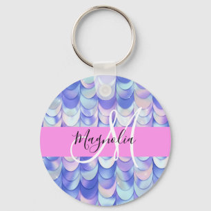 Glam Iridescent Blue Mermaid Scales Name Monogram Schlüsselanhänger