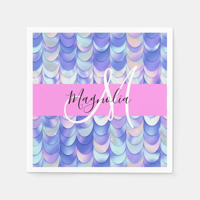 Glam Iridescent Blue Mermaid Scales Name Monogram Serviette (Vorderseite)
