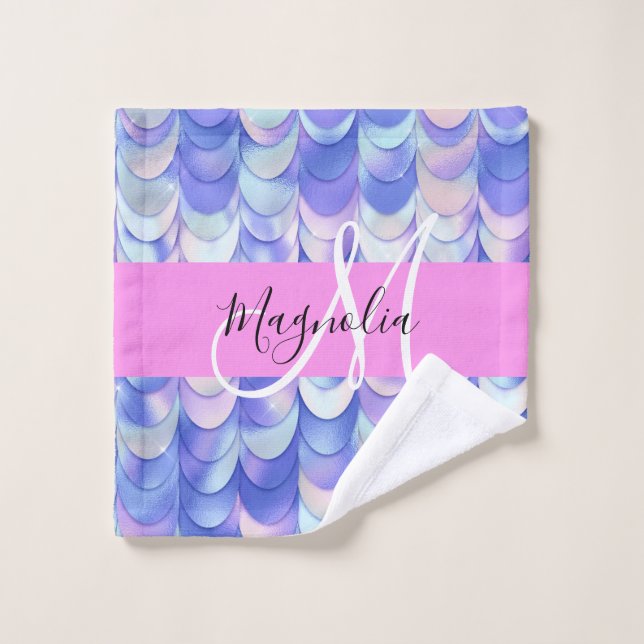 Glam Iridescent Blue Mermaid Scales Name Monogram Waschlappen (Waschlappen)