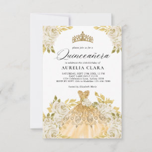 Glam Ivory Gold Dress Floral 15. Quinceañera Mitteilungskarte