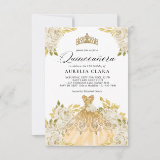Glam Ivory Gold Dress Floral 15. Quinceañera Mitteilungskarte