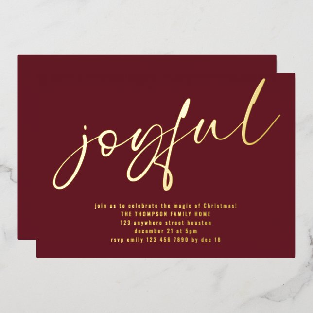Glam Joyful Script Weihnachts-Party Burgundy Real Folieneinladung (Vorderseite/Rückseite)