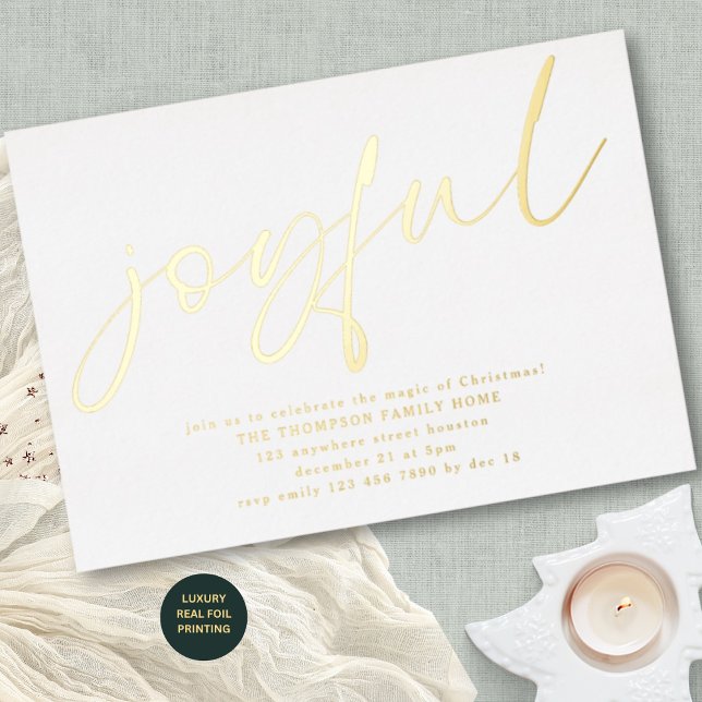 Glam Joyful Script Weihnachts-Party White Real Folieneinladung (Luxury Real Foil Printing)