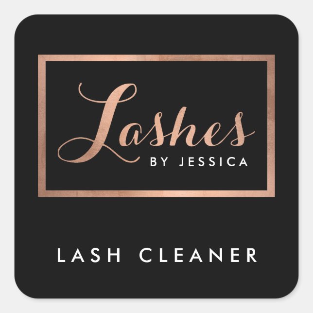 Glam Lashes Script Rose Gold/Black Lash Cleaner Quadratischer Aufkleber (Vorderseite)