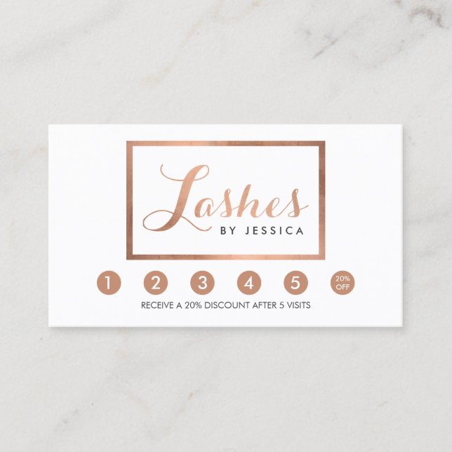 Glam Lashes Script Rose Gold Gerahmte Loyalität Treuekarte (Vorderseite)