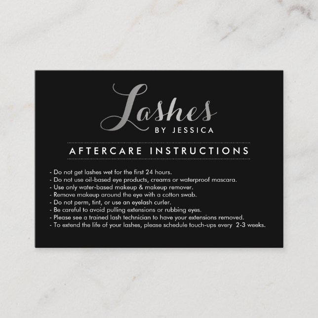Glam Lashes Script Silver/Black Aftercare Card Visitenkarte (Vorderseite)