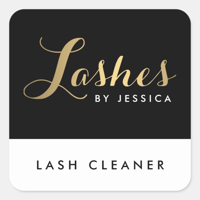 Glam Lashes Script Text Gold/Black Lash Cleaner Quadratischer Aufkleber (Vorderseite)