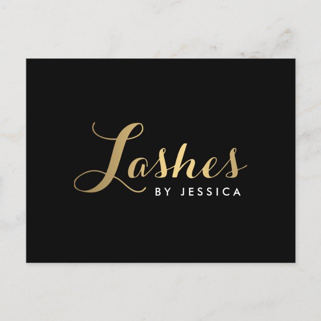 Glam Lashes Script Text Gold/Schwarz Postcard Postkarte (Vorderseite)