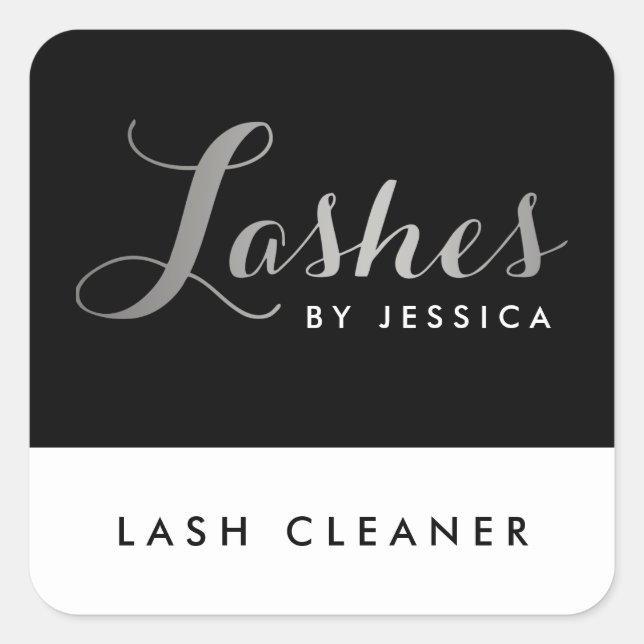 Glam Lashes Script Text Silver/Black Lash Cleaner Quadratischer Aufkleber (Vorderseite)