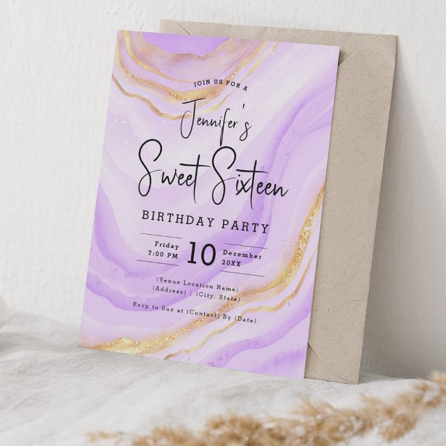 Glam Lavender Lila Marble Glitzer Sweet 16 Party Einladung (Glam Lavender Purple Marble Glitter Sweet 16 Party Invitation)