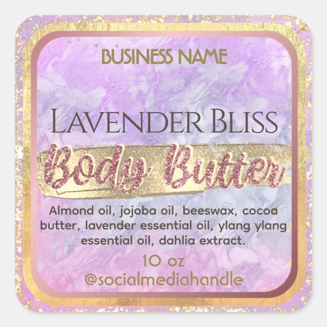 Glam Lavender Lila Marmor Rose Gold Body Butter Quadratischer Aufkleber (Vorderseite)