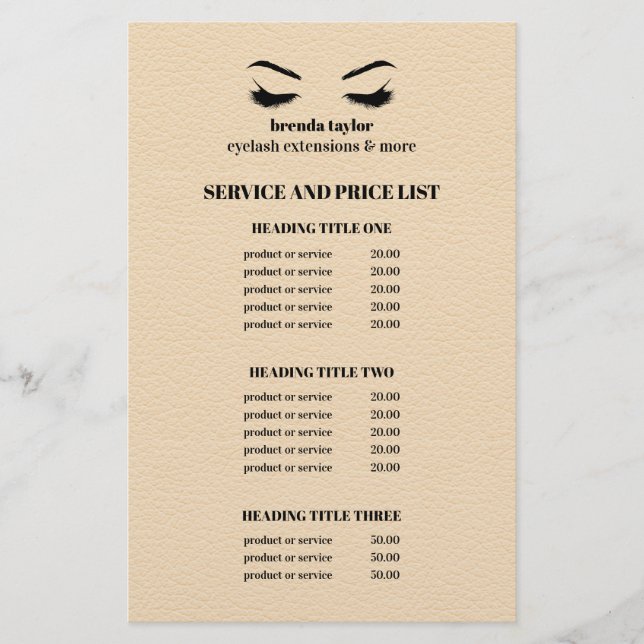 Glam LEATHER BEIGE EYELASH SALON SERVICE LISTE Flyer (Vorne)