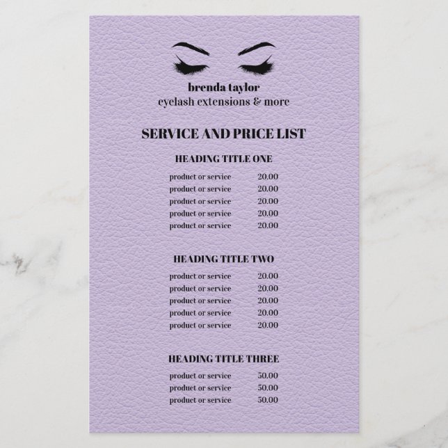 Glam LEATHER lilac EYELASH SALON SERVICE LISTE Flyer (Vorne)