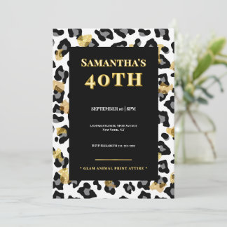 Glam Leopard 40th Birthday Invitation Gold Black Einladung