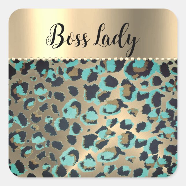 "Glam Leopard Boss Lady Quadratischer Aufkleber (Vorderseite)