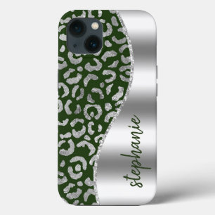 Glam Leopard Flecken Metallic Silber Grün Name Case-Mate iPhone Hülle