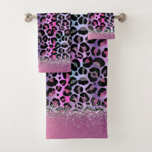 Glam Leopard Pink und Lila Glitzer Badhandtuch Set