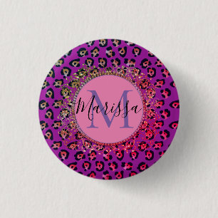 Glam Leopard Pink und Lila Monogramm Button