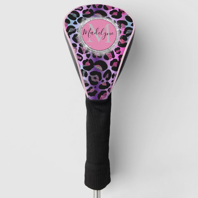 Glam Leopard Pink und Lila Monogramm Golf Headcover (Vorderseite)