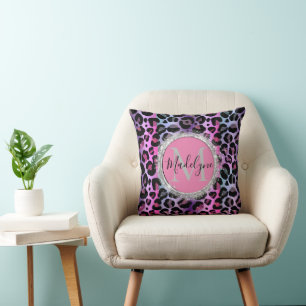 Glam Leopard Pink und Lila Monogramm Kissen