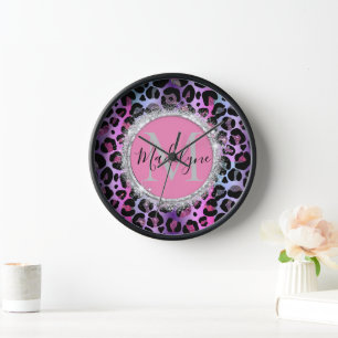 Glam Leopard Pink und Lila Monogramm Uhr