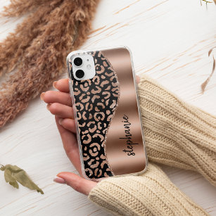 Glam Leopard Spots Rose Gold Black Metallic Name Case-Mate iPhone 14 Hülle