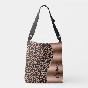 Glam Leopard Spots Rose Gold Black Metallic Name Tragetaschen Mit Langen Trägern