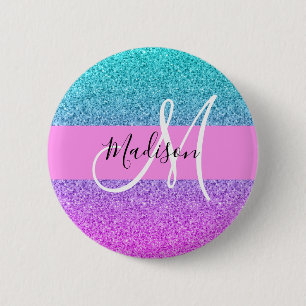 Glam Lila Aqua Glitzer Sparkle Gradient Monogram Button