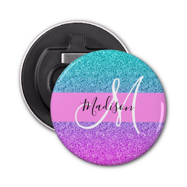 Glam Lila Aqua Glitzer Sparkle Gradient Monogram Flaschenöffner (Vorderseite)